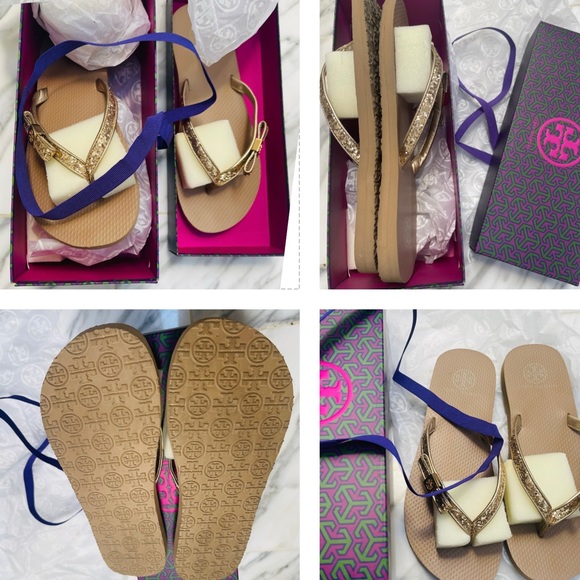 TORY BURCH GOLD GLITTER / METALLIC LEATHER DRESSY FLIP FLOP WITH ACCENT BOW LOGO - Picture 8 of 15